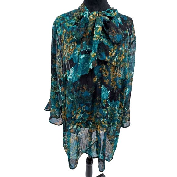 Catherines Teal  Floral Sheer Blouse Front Tie‎ Neck Flared Sleeves Chiffon 1X - Picture 3 of 7